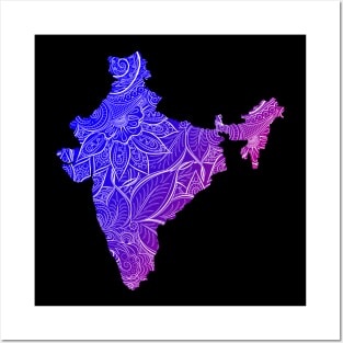 Colorful mandala art map of India with text in blue and violet Posters and Art